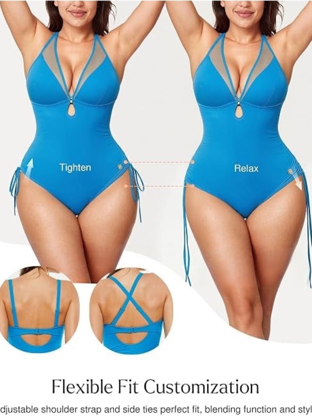 Popilush Adjustable Blue One-Piece Swimsuit with Mesh V-Neck and Side Ties